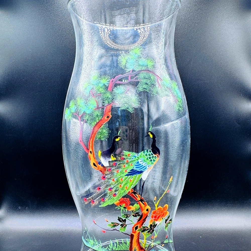 Vintage Peacock Hurricane Lamp Shade Chimney Glass L.E. Smith Cottage Floral - Picture 5 of 11